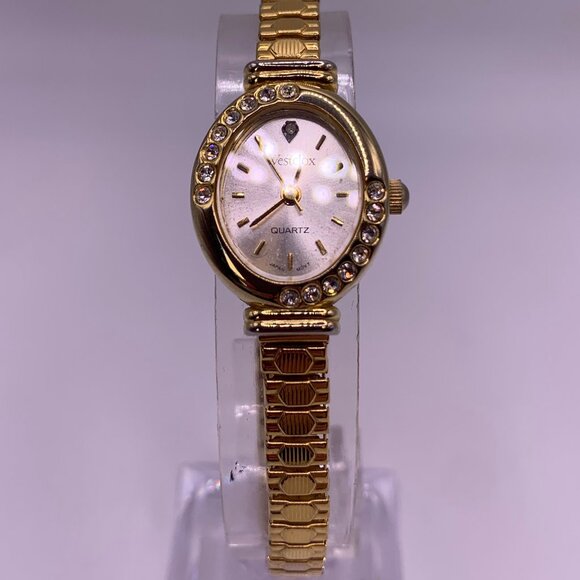WESTCLOX GOLDTONE WRIST WATCH WITH CRYSTALS 7" - Picture 1 of 5